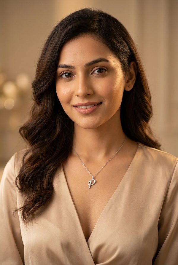 GEMHUB model wearing initial P pendant
