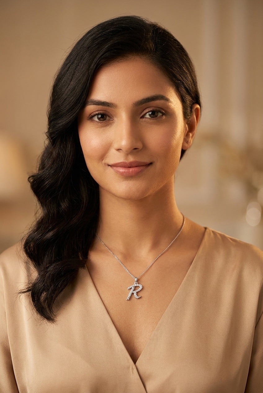 GEMHUB model wearing initial R pendant
