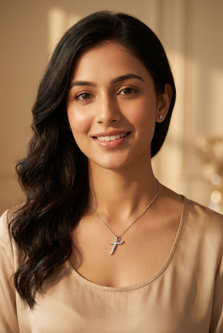 GEMHUB model wearing initial T pendant