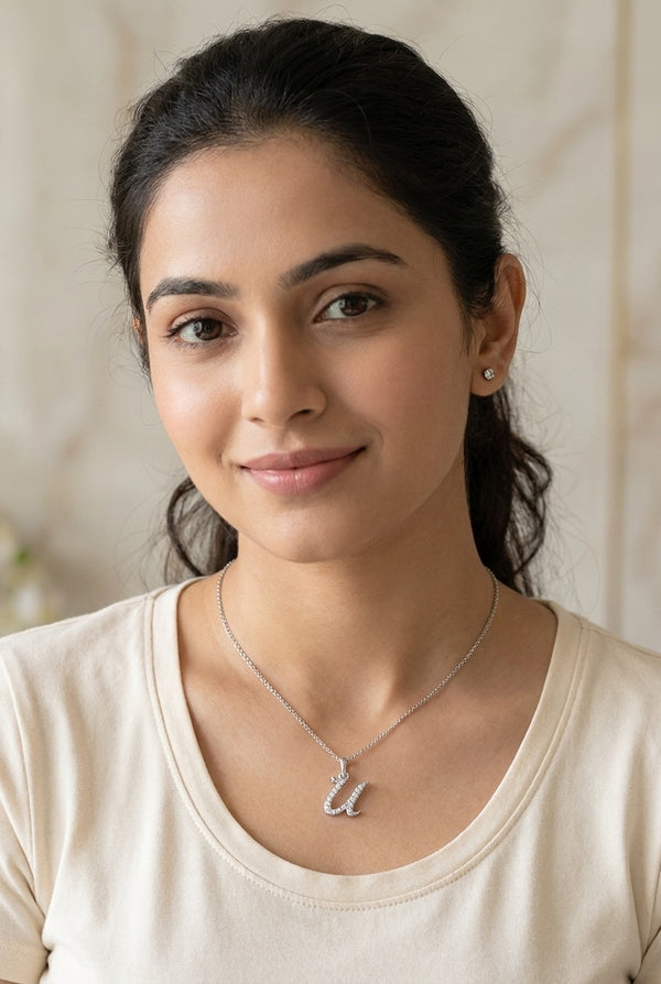 GEMHUB model wearing initial U pendant