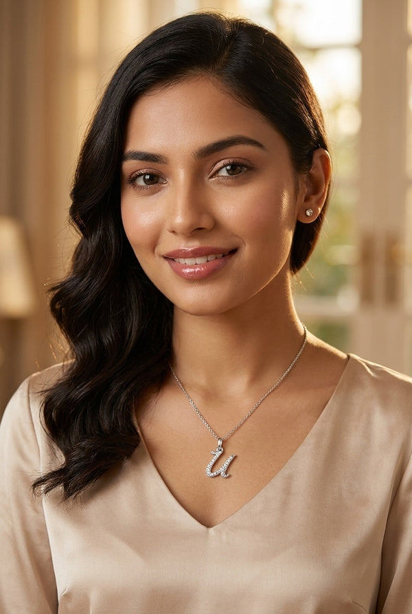 GEMHUB model wearing initial U pendant
