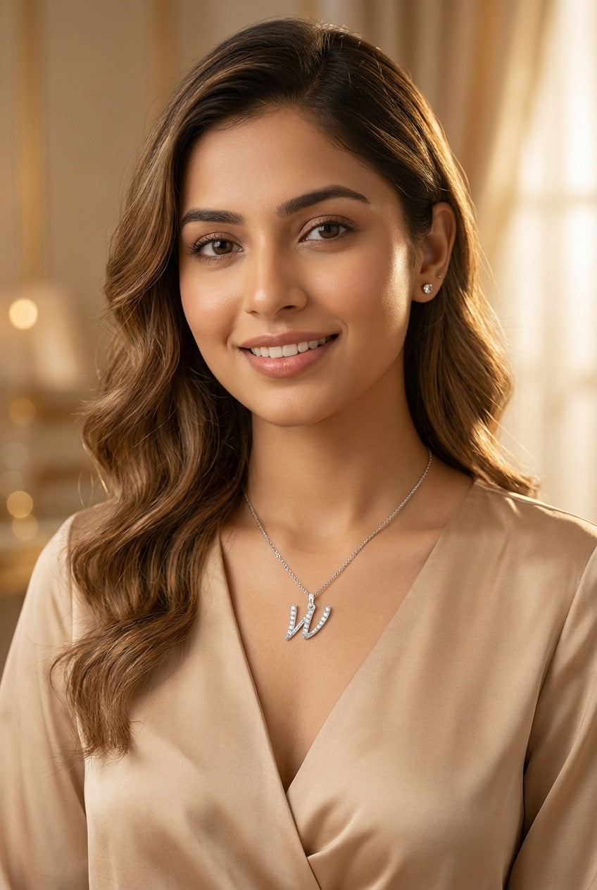 GEMHUB model wearing initial W pendant