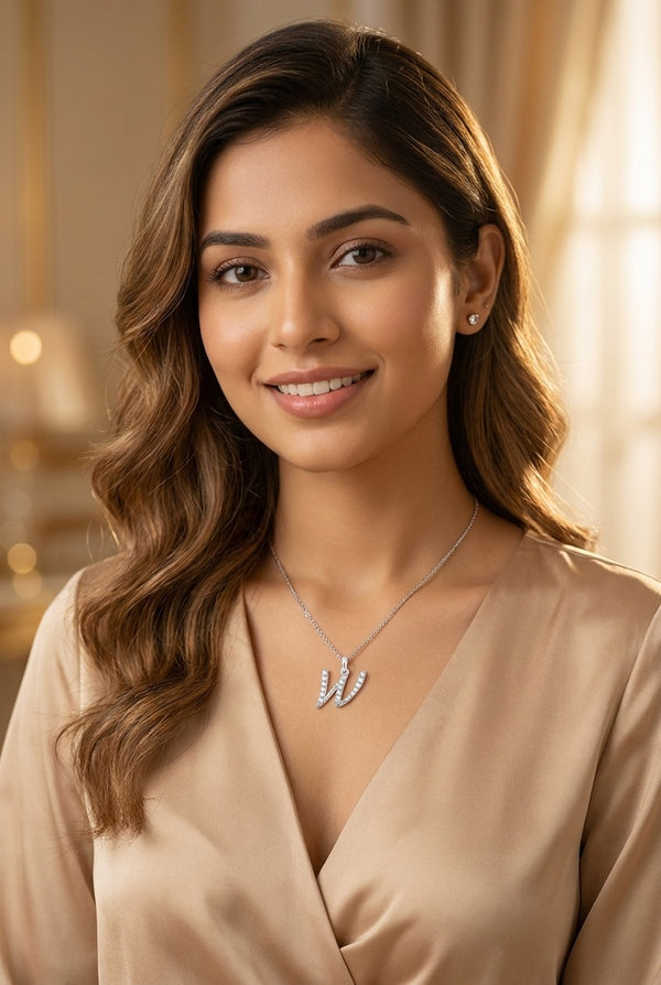 GEMHUB model wearing initial W pendant