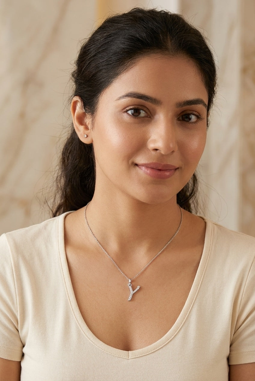 GEMHUB model wearing initial Y pendant