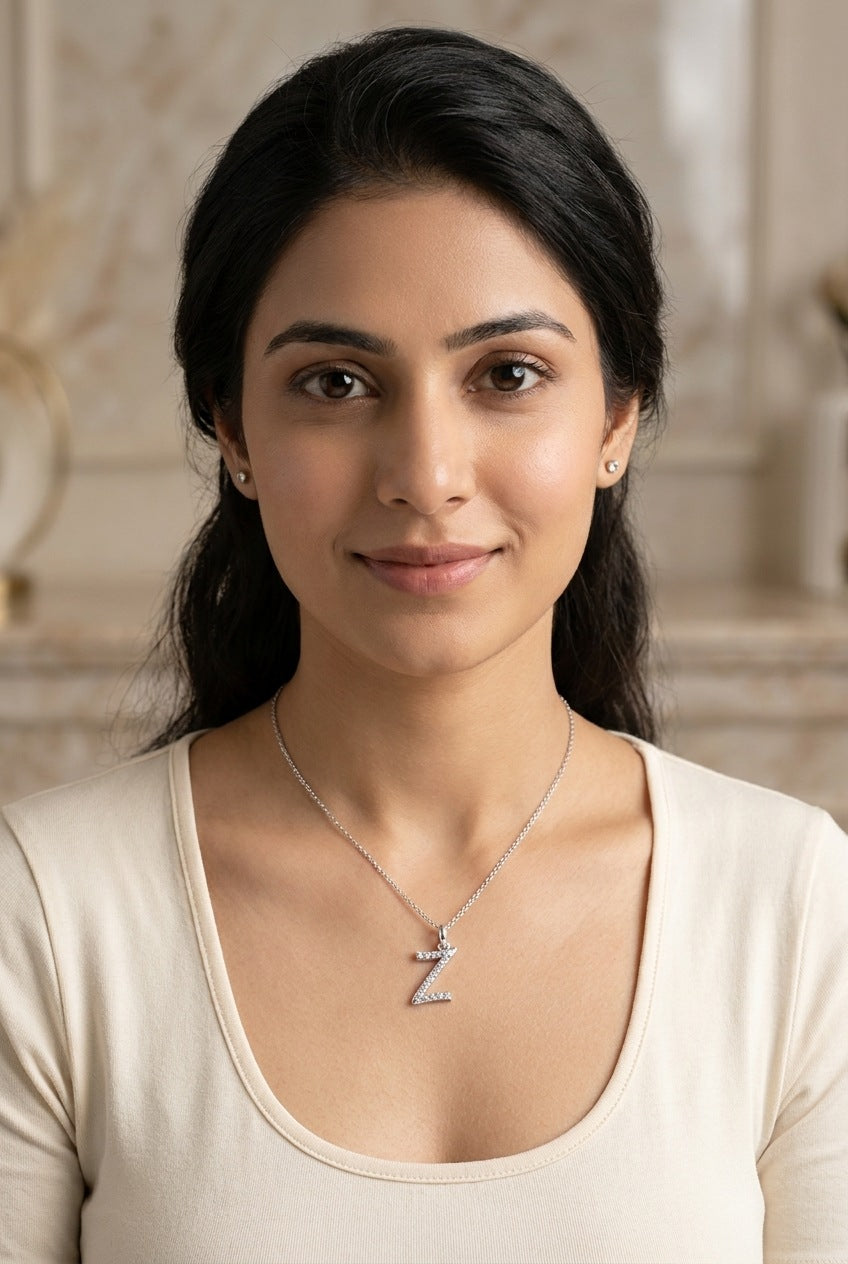 GEMHUB model wearing initial Z pendant