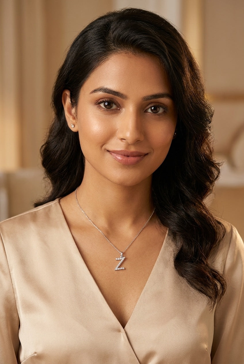 GEMHUB model wearing initial Z pendant
