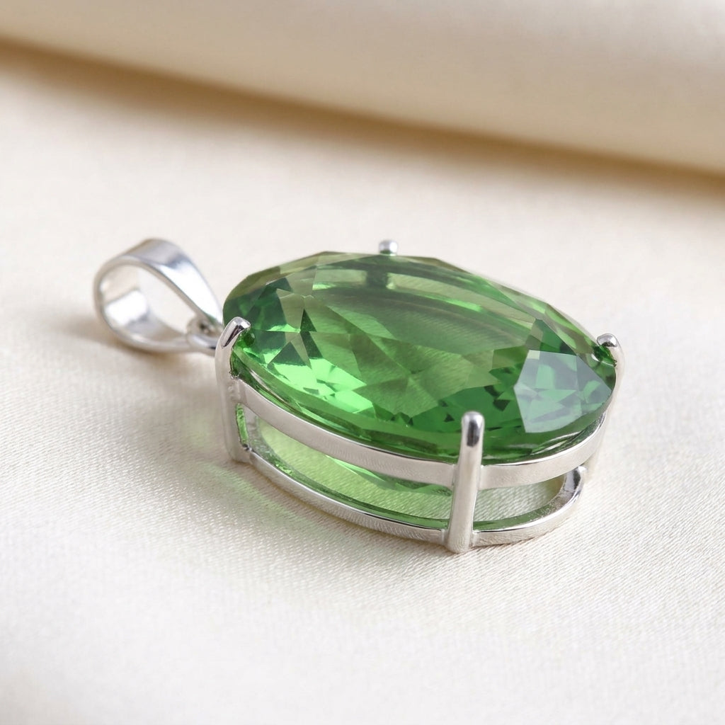 GEMHUB Green Amethyst Oval 100 Ct pendant side view on silk (AI)