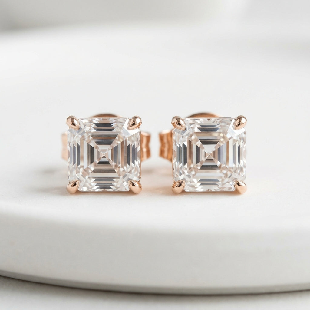 14K Rose Gold Asscher Cut Stud Earrings Pair