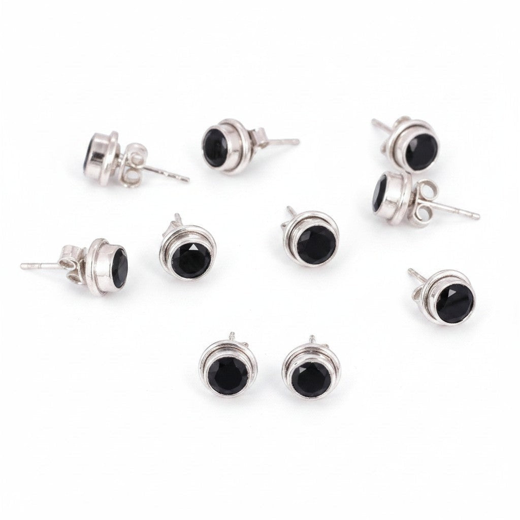 Natural Black Agate Earrings Set — Lot of 5 Pairs, 925 Sterling Silver