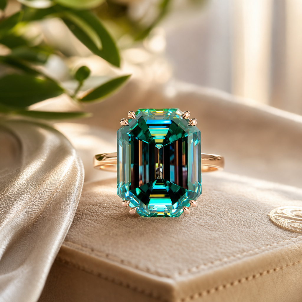 Lab grown emerald solitaire ring, styled lifestyle view showing scale – GEMHUB