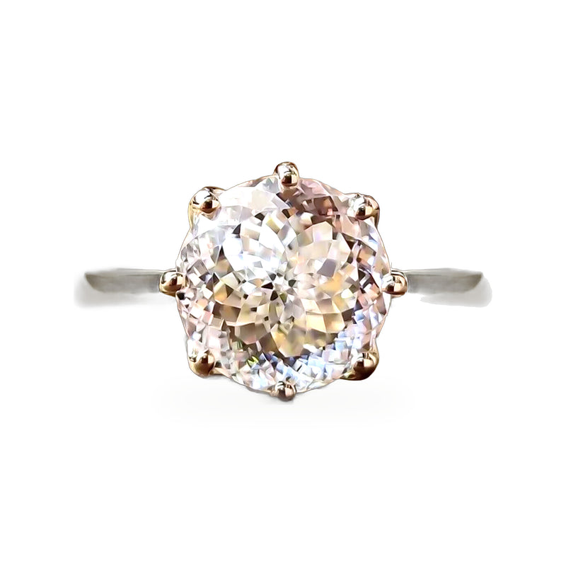 Portuguese cut moissanite solitaire ring, 3.25 ct DEW, six-prong gold vermeil setting, top view on white background