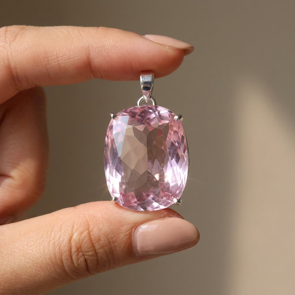 GEMHUB Pink Topaz Cushion 86.45 Ct pendant held in hand for size (AI)