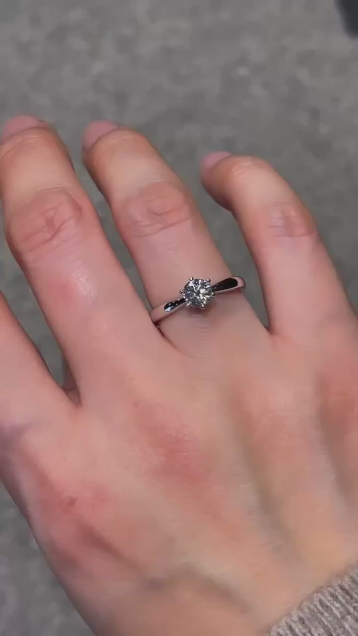 Certified 3.28 ct round moissanite six-claw solitaire ring, rotating product video