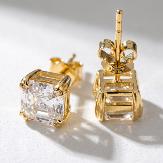5.20ct DEW white square cut moissanite solitaire stud earrings in gold vermeil - studio product photo