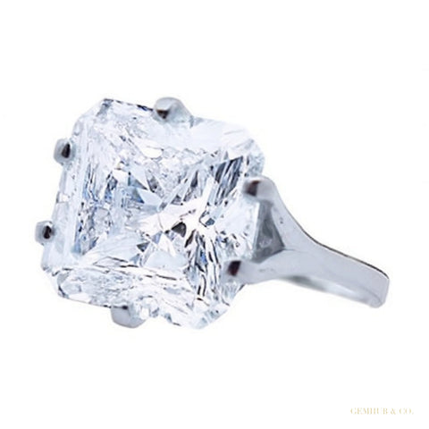 RARE 24.30 ct DEW Radiant Cut Off White Treated Moissanite Ring in Cert 18K Gold Plated – white background main image