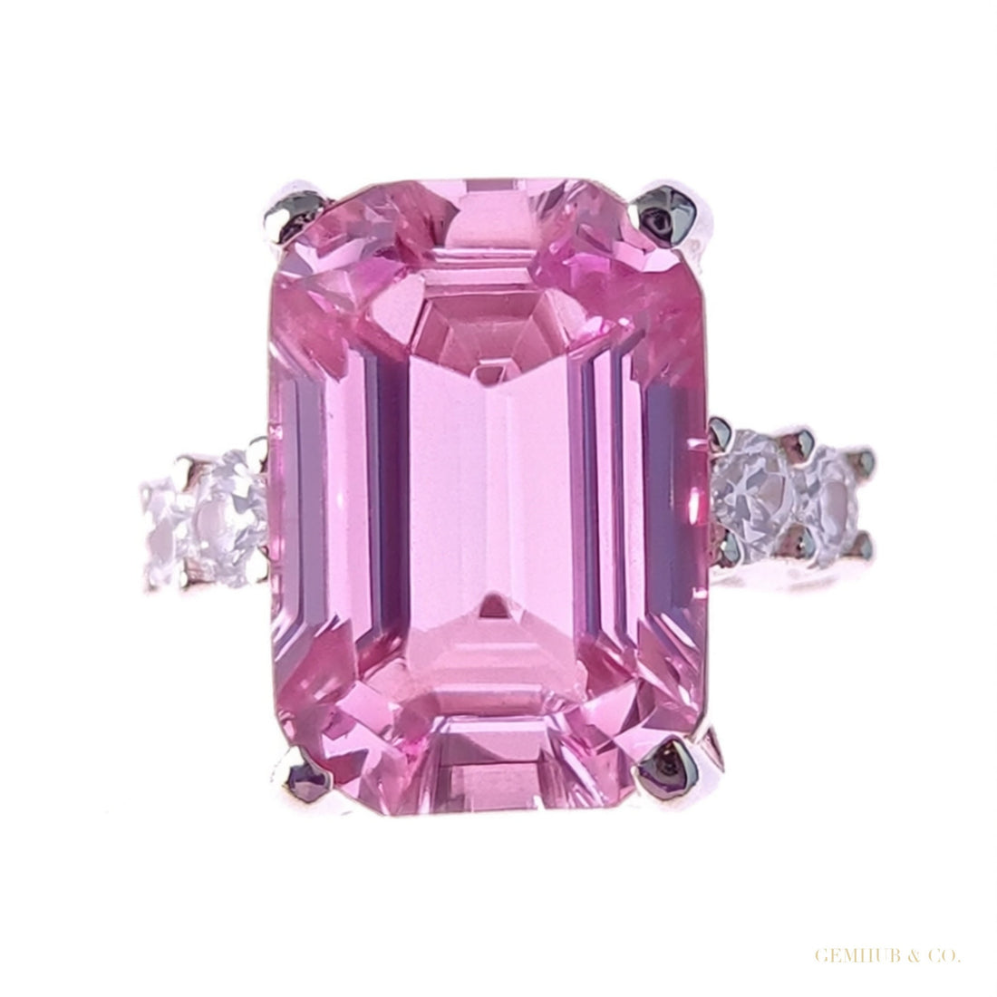 RARE 5.60 ct DEW Emerald Cut Pink Treated Moissanite Solitaire Ring in 18K Gold Plated – white background main image