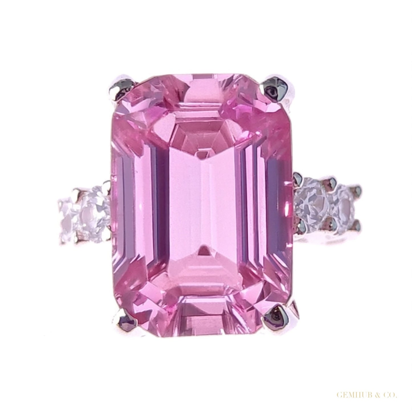RARE 5.60 ct DEW Emerald Cut Pink Treated Moissanite Solitaire Ring in 18K Gold Plated 18K Gold Plated – white background main image