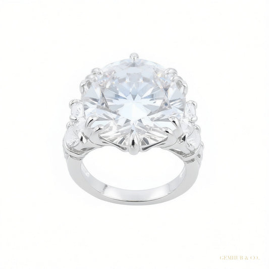 RARE 9.25 ct DEW Round Cut White Treated Moissanite Solitaire Ring in 18K Gold Plated V 18K Gold Plated – white background main image