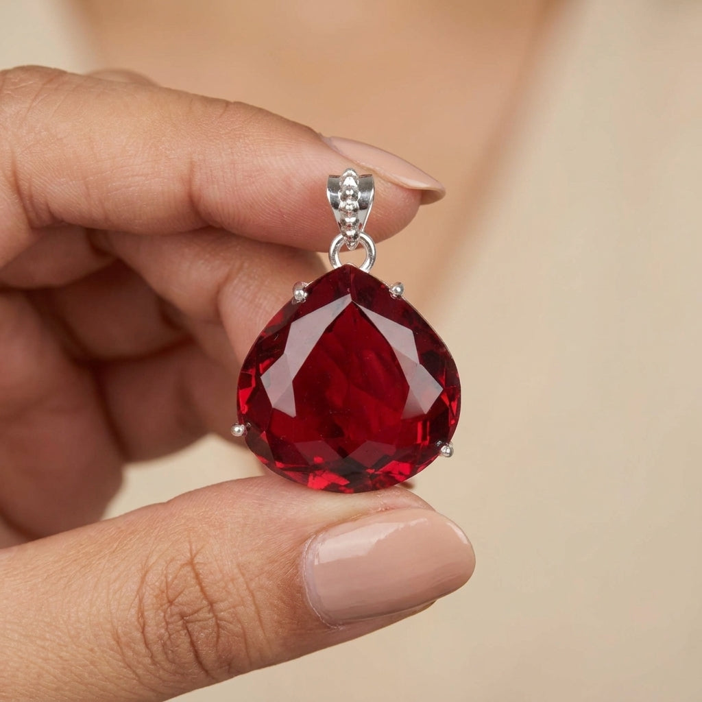 GEMHUB Red Topaz Pear 90 Ct pendant held in hand for size (AI)