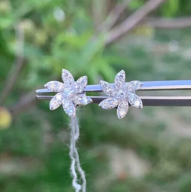 Round Cut Natural Diamond Flower Shape Studs Women's Earrings 14k White Gold - Image 2 - GEMHUB
