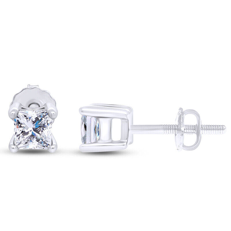 Screw Back Princess Shape Natural Diamond Stud Earrings 4-Prong 14k White Gold - Image 8 - GEMHUB