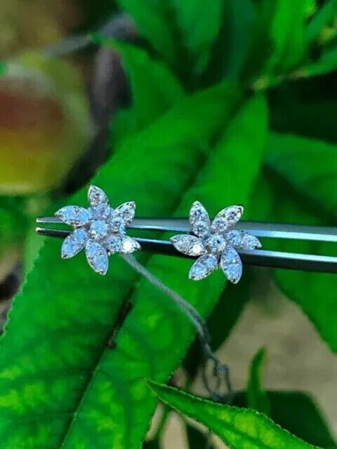 Round Cut Natural Diamond Flower Shape Studs Women's Earrings 14k White Gold - Image 3 - GEMHUB