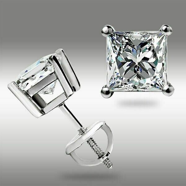 Screw Back Princess Shape Natural Diamond Stud Earrings 4-Prong 14k White Gold - GEMHUB