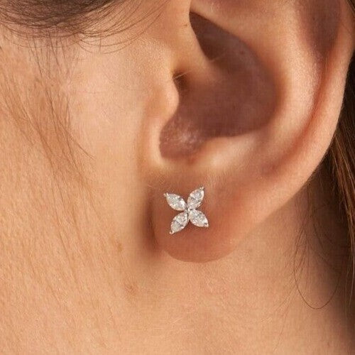 Marquise Cut Natural GH/SI Diamond Flower Stud 4-Stone Earrings 14k White Gold - Image 2 - GEMHUB