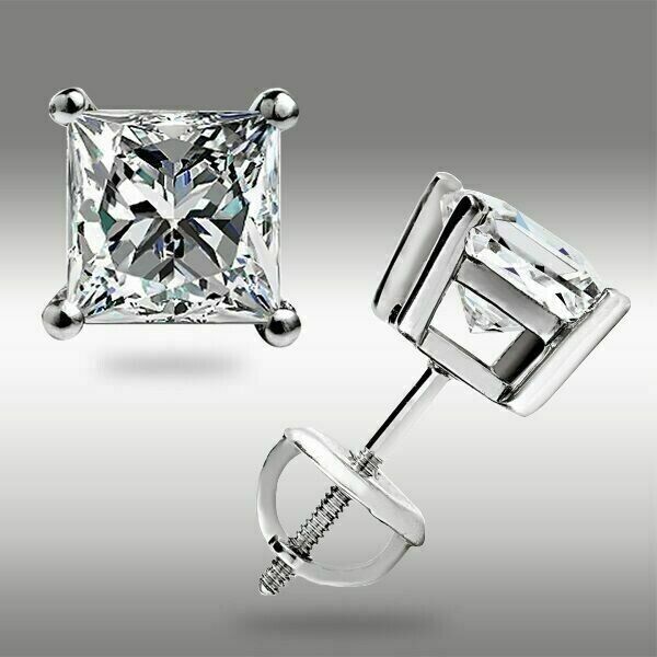 Screw Back Princess Shape Natural Diamond Stud Earrings 4-Prong 14k White Gold - Image 3 - GEMHUB