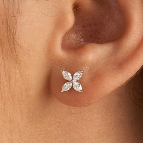 Marquise Cut Natural GH/SI Diamond Flower Stud 4-Stone Earrings 14k White Gold - Image 3 - GEMHUB