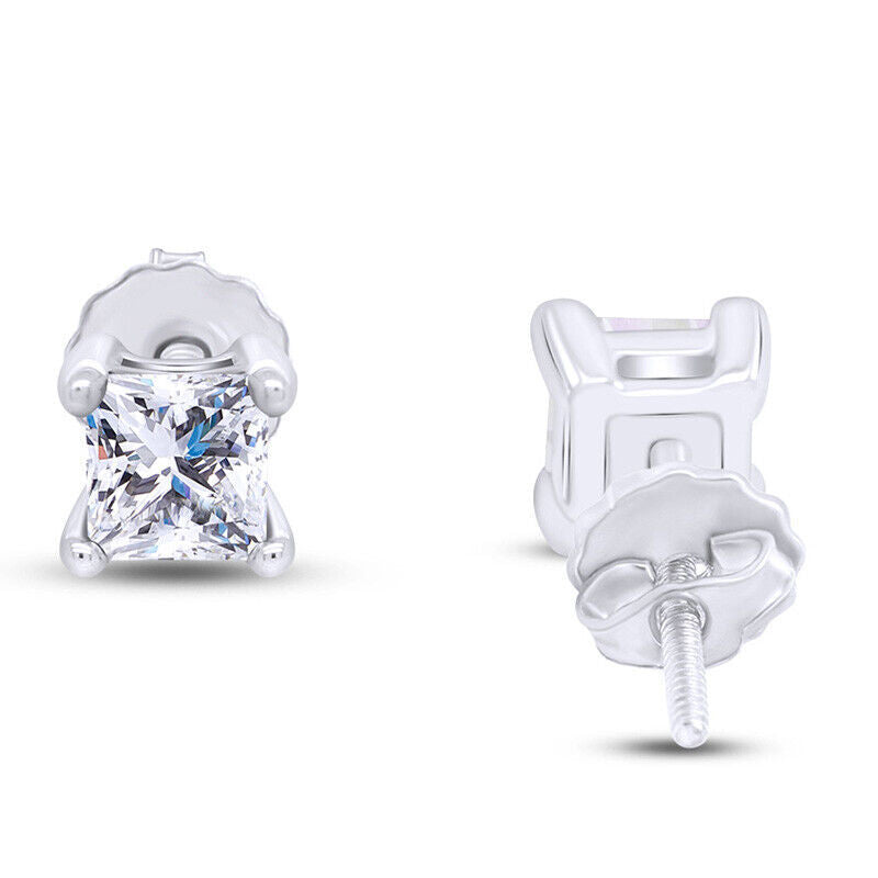 Screw Back Princess Shape Natural Diamond Stud Earrings 4-Prong 14k White Gold - Image 7 - GEMHUB