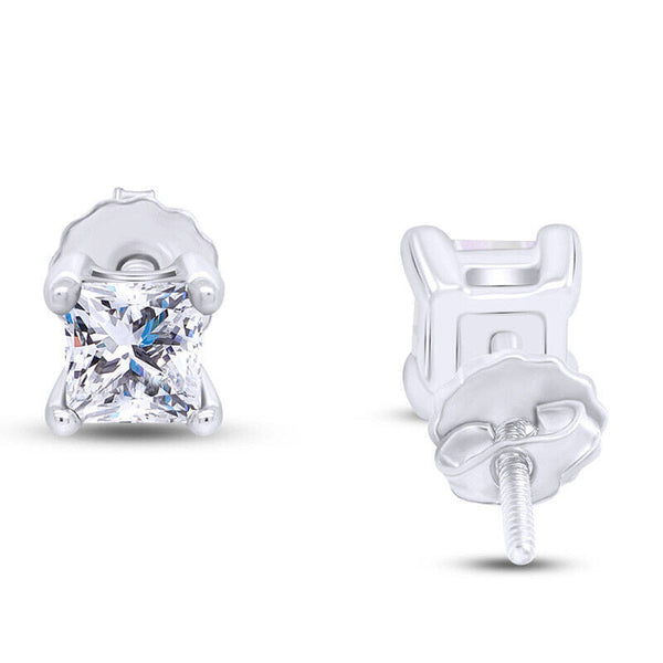 Screw Back Princess Shape Natural Diamond Stud Earrings 4-Prong 14k White Gold - Image 7 - GEMHUB