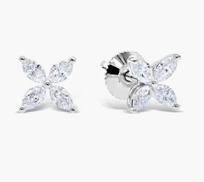 Marquise Cut Natural GH/SI Diamond Flower Stud 4-Stone Earrings 14k White Gold - GEMHUB
