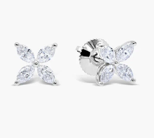 Marquise Cut Natural GH/SI Diamond Flower Stud 4-Stone Earrings 14k White Gold - GEMHUB