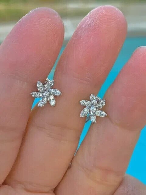 Round Cut Natural Diamond Flower Shape Studs Women's Earrings 14k White Gold - Image 4 - GEMHUB