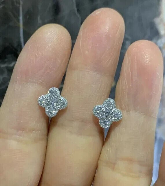 Round Natural GH/SI Diamond Clover Stud Daily Wear Earring 14k White Gold - Image 8 - GEMHUB