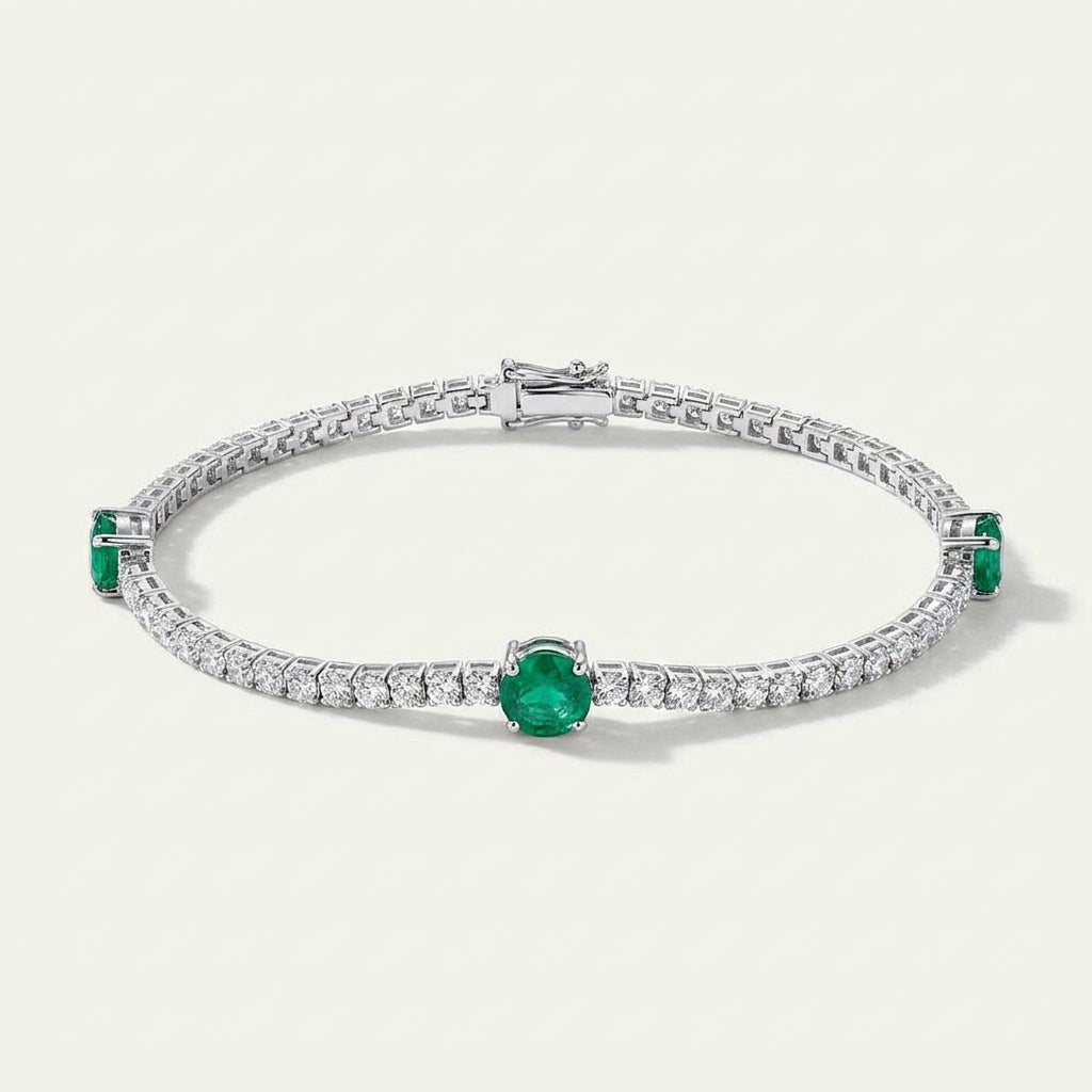 Diamond and Green Emerald Tennis Bracelet 14k Gold