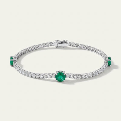 3Ct Round Certified Lab Grown/CVD Diamond & Green Emerald Station Tennis Bracelet 14k Yellow Gold
