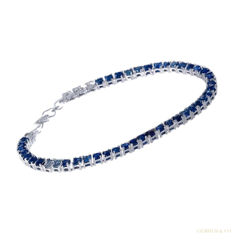 Certified 4.40Ct Round Cut Natural Blue Sapphire Tennis Bracelet 14K Yellow Gold – white background main image