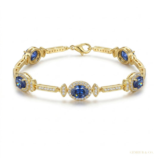 Certified Oval Cut Natural Sapphire & Diamond Chain Tennis Bracelet 14k Gold – white background main image
