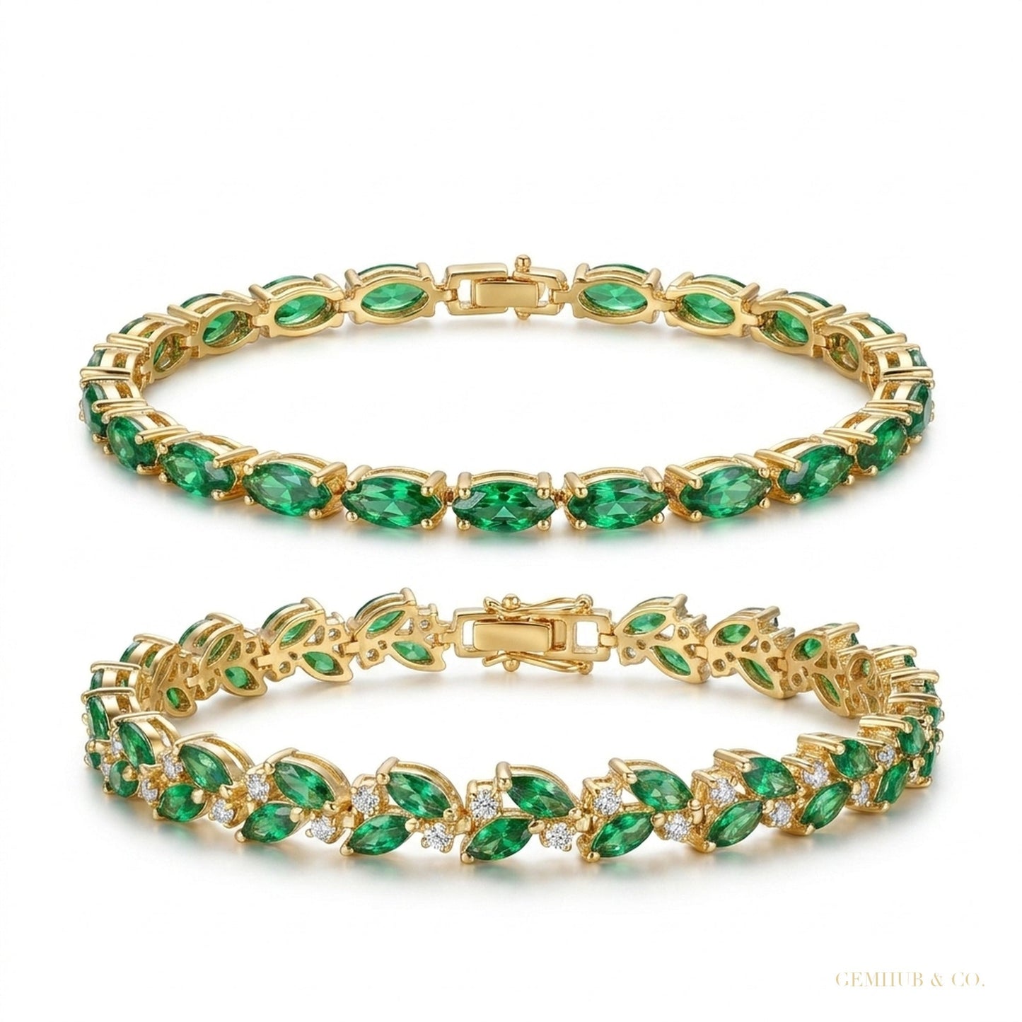 Marquise Cut Natural Emerald & Diamond Flower Tennis Bracelet 14k Yellow Gold – white background main image