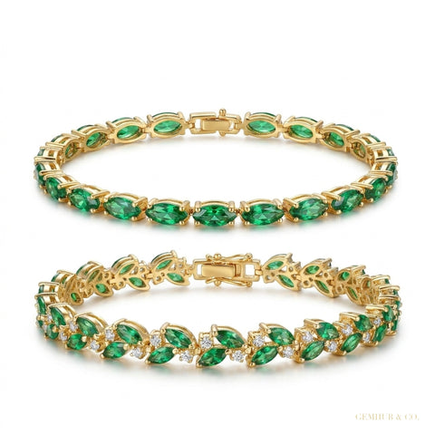 Marquise Cut Natural Emerald & Diamond Flower Tennis Bracelet 14k Yellow Gold – white background main image