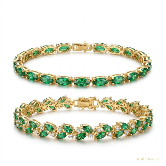 Marquise Cut Natural Emerald & Diamond Flower Tennis Bracelet 14k Yellow Gold – white background main image