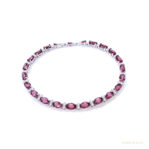 Natural Oval Cut Red Ruby & Round Diamond 14k White Gold Wedding Tennis Bracelet – white background main image