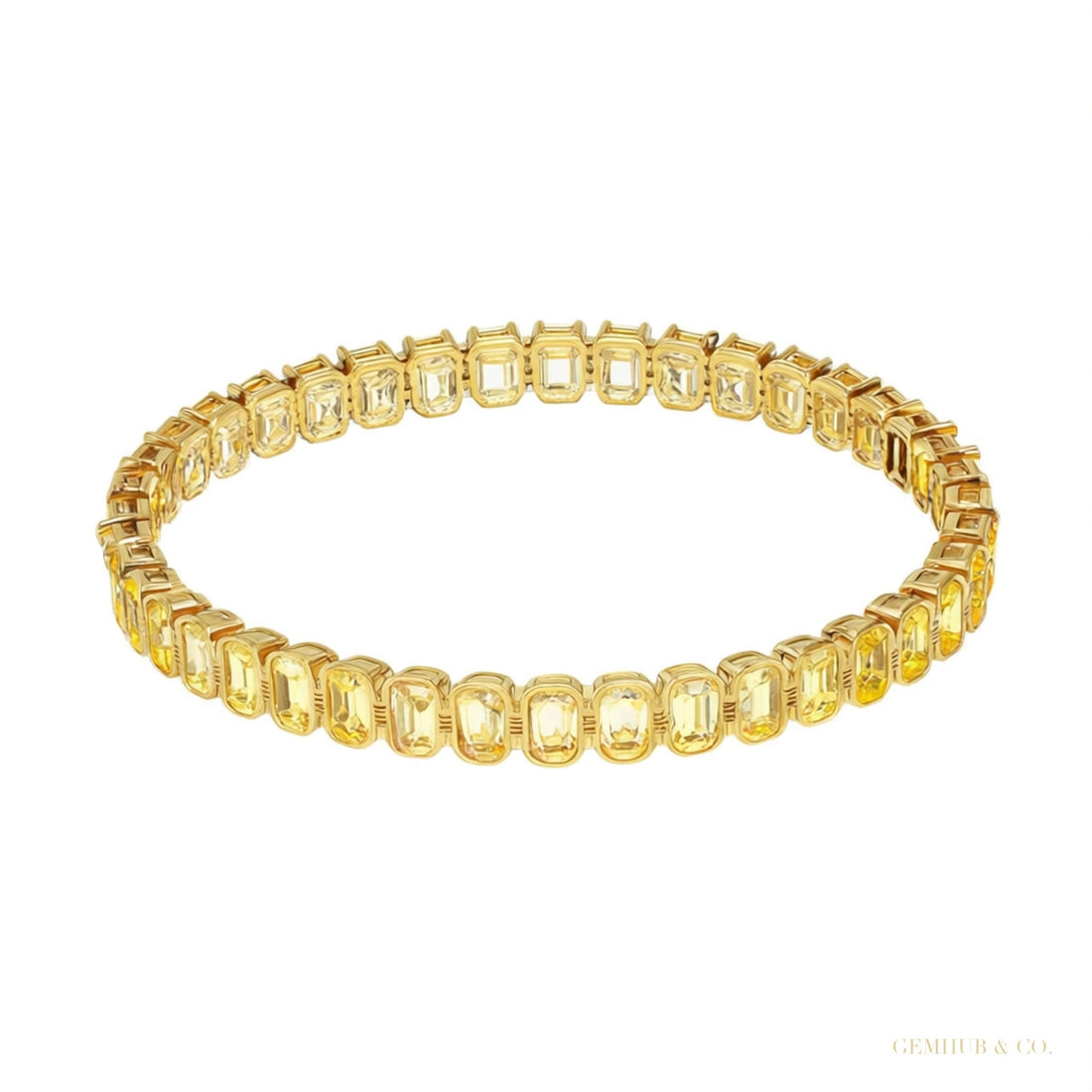 Bezel Set Emerald Fancy Vivid Yellow Lab-Grown Diamond Tennis Bracelet 14k Gold – white background main image