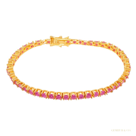 Natural 4.25 Ct Round Cut Red Ruby 14k Yellow Gold Tennis Bracelet For Women – white background main image
