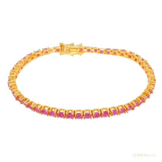 Natural 4.25 Ct Round Cut Red Ruby 14k Yellow Gold Tennis Bracelet For Women – white background main image