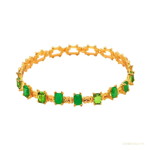 Natural Green Emerald & Diamond Women's Tennis Bracelet Solid 14k Yellow Gold – white background main image