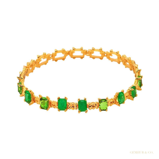Natural Green Emerald & Diamond Women's Tennis Bracelet Solid 14k Yellow Gold – white background main image